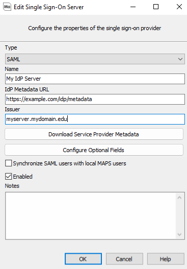 Single Sign-on Server configuration dialog, showing options for Type, friendly name for the server, the IdP metadata URL, and the metadata issuer. 